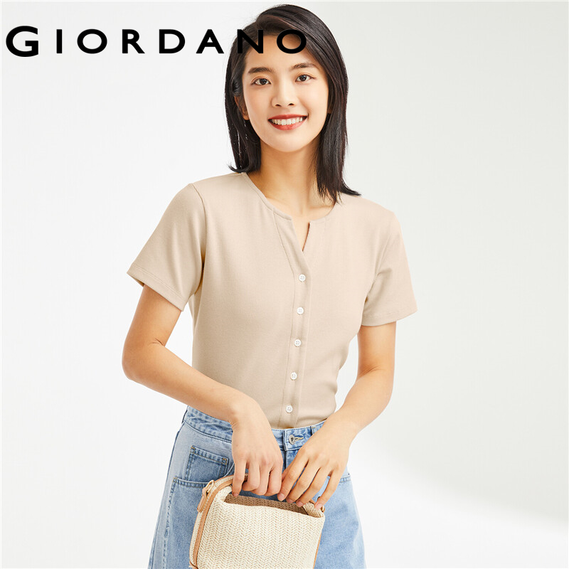 GIORDANO Women T-Shirts Button Closure Solid Color Casual T-Shirts V-Neck Summer Short Sleeve Relaxed Basic T-Shirts 13322206