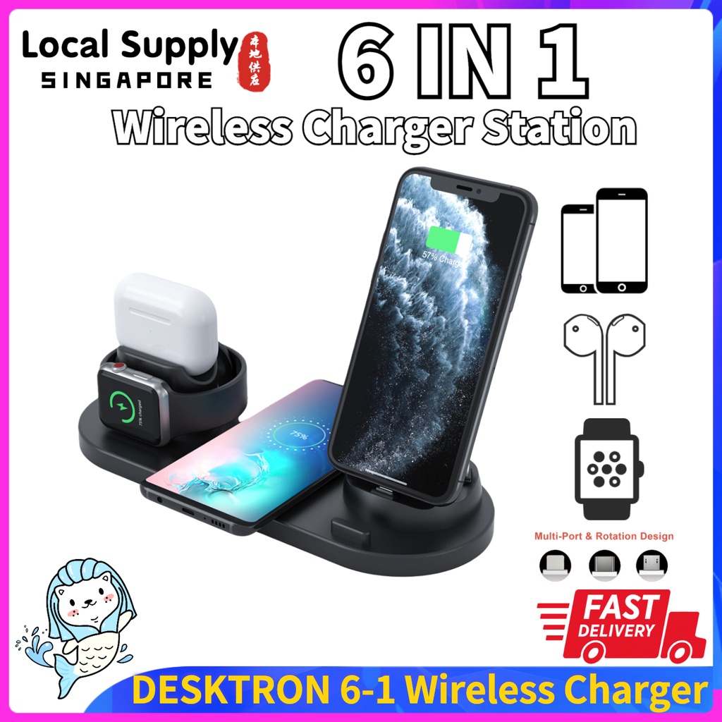 DESKTRON Wireless Charging Station 6-In-1, Qi Wireless Fast Charging Charger Dock Compatible with iWatch Airpods up to iPhone 13 and Samsung Android Wireless Phones | SG Local Stock