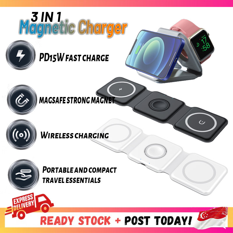[SG READY STCOK]3 in 1 15W Wireless Charger Foldable Magnetic Folding Stand Portable Fast Charger