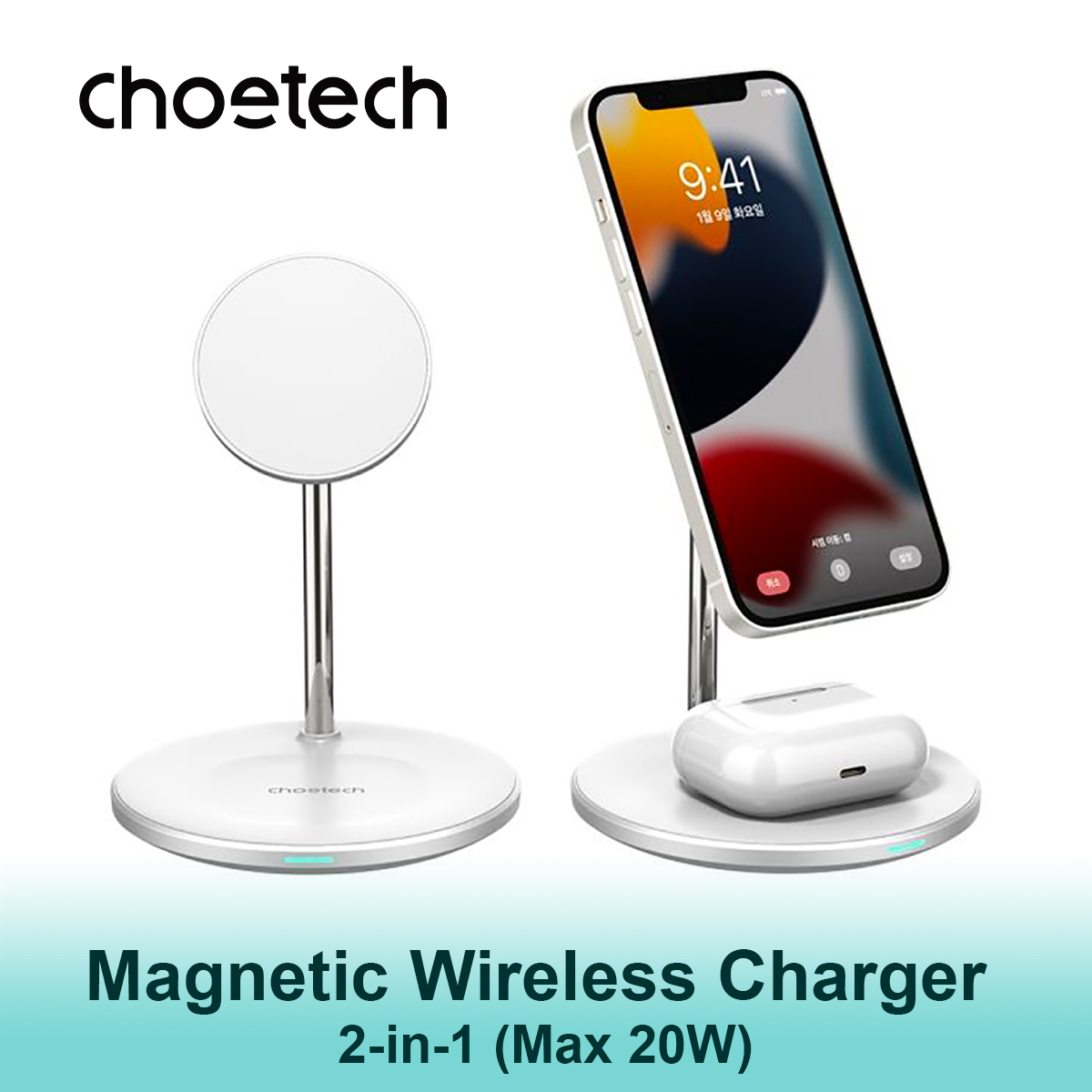 CHOETECH 2-In-1 Magsafe Magnetic Wireless Charging Stand 20W for iPhone 13/12 Series, Airpods, Airpods pro, Samsung buds