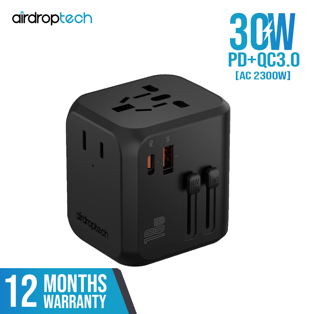 AIRDROPTECH 30W PD Type-C + QC3.0 USB Port 18W Quick Charge Universal Travel Adapter Wall Charger with 3 USB Ports